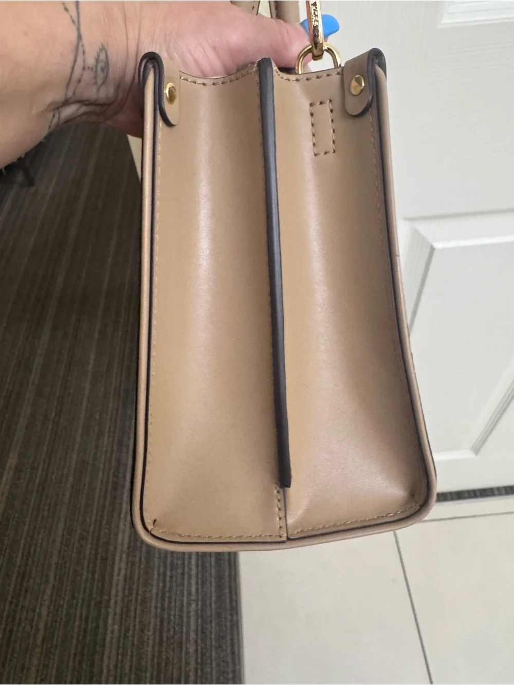Michael Kors Beige and White Logo-Print Tote with Gold Charm